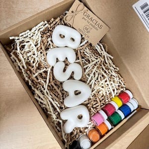 Pode incluir: Uma caixa de papelão contendo cinco letras brancas arredondadas em estilo bolha formando a palavra BESAR, um pequeno pincel de madeira e dez potes plásticos pequenos com tintas coloridas. Uma etiqueta de papel pardo diz GRACIAS por tu pedido MINOCH.
