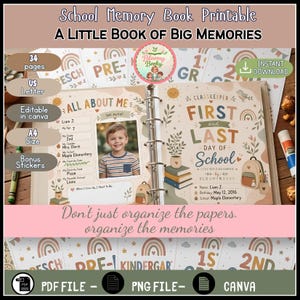Puede incluir: Un libro de recuerdos escolares imprimible titulado A Little Book of Big Memories, que incluye páginas para el primer y último día de escuela, secciones All About Me con espacio para fotos e ilustraciones de arcoíris, libros y mochilas en tonos tierra.