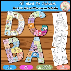 May include: A set of All About Me Alphabet back to school classroom activity worksheets featuring letters D, C, B, and A. The letters are filled with colorful hand-drawn illustrations and text prompts about personal interests, names, and ages.