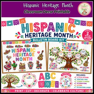 May include: A Hispanic Heritage Month bulletin board kit printable featuring colorful letters, a heritage tree, maracas, a guitar, a cactus, a piñata, and floral decorations. The text includes Hispanic Heritage Month, Celebrate Our Heritage, and My Culture Is My Story.