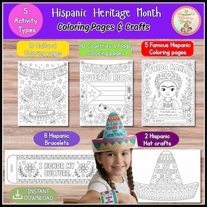 May include: A digital collection for Hispanic Heritage Month featuring coloring pages and crafts. Includes 10 cultural pages, 10 country flag pages, 5 famous figure pages, 8 bracelet templates, and 2 hat crafts with text like I Honor My Culture.