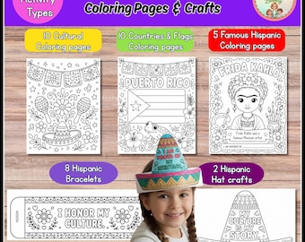 Op de afbeelding: Een digitale collectie voor de Hispanic Heritage Month met kleurplaten en knutselwerkjes. Bevat 10 culturele pagina's, 10 pagina's met vlaggen, 5 pagina's met beroemde figuren, 8 armband-sjablonen en 2 hoed-knutselsets met tekst zoals I Honor My Culture.
