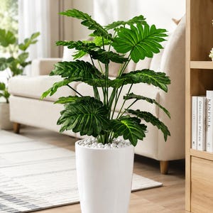 Artificial Ginni Bloom Plant – 18 Leaves, White Tower Pot, Pebbles (85cm)