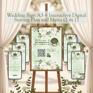 Puede incluir: Un letrero de boda en un caballete y varias pantallas digitales con un diseño floral en tonos verde salvia y blanco. El texto dice Wedding Sign A3 + Interactive Digital Seating Plan and Menu (2 in 1), Welcome to the wedding of, y 07/07/2028, con un código QR e iconos de escaneo.