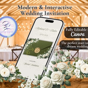 Puede incluir: Un teléfono inteligente que muestra una plantilla de invitación de boda digital con el texto Richard & Dulce, 01/07/2028, y Special Invitation. La pantalla muestra un sobre verde con un sello de cera dorado, rodeado de rosas blancas y hojas verdes.