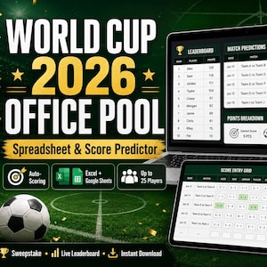 Könnte beinhalten: Eine digitale World Cup 2026 Tippspiel-Tabelle, angezeigt auf einem Laptop, Tablet und Smartphone. Die Benutzeroberfläche umfasst eine Rangliste, Spielvorhersagen und ein Raster zur Ergebniseingabe in Grün und Weiß.