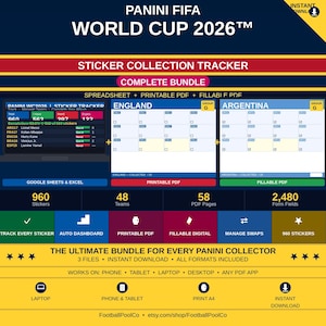 May include: A Panini FIFA World Cup 2026 sticker collection tracker bundle featuring a spreadsheet, printable PDF, and fillable PDF. The digital interface displays team lists for England and Argentina, tracking 960 stickers across 48 teams.