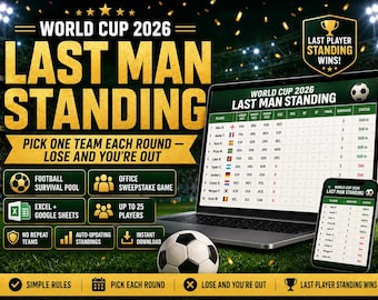 World Cup 2026 Last Man Standing Spreadsheet, Football Survival Pool & Office Sweepstake Game
