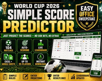 World Cup 2026 Simple Score Predictor Spreadsheet, Office Sweepstake Game for Excel & Google Sheets