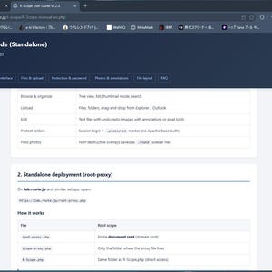 Könnte beinhalten: Ein Webbrowser-Fenster mit dem R-Scope Benutzerhandbuch für die Standalone-Edition v2.2.3. Die Seite zeigt eine dunkelblaue Kopfzeile mit Navigationsreitern und einen weißen Inhaltsbereich, der die Standalone-Bereitstellung und Tabellen beschreibt.