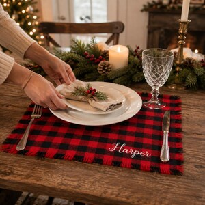 Personalized Buffalo Plaid Placemat, Embroidered Christmas Table Topper, Rustic Farmhouse Dining Decor