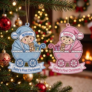 Decorazione natalizia ricamata per il primo Natale del bambino, decorazione personalizzata con il nome del bambino, ricordo del bambino in slitta, regalo di Natale per neonato
