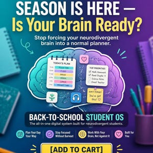 Könnte beinhalten: Eine digitale Planer-Werbung mit einer illustrierten Gehirngrafik, einem Tagesplan, einer Prioritätenliste und einem Notizzettel mit der Aufschrift 'You've got this!'. Der Text lautet 'BACK-TO-SCHOOL SEASON IS HERE - Is Your Brain Ready?' und 'ADD TO CART'.