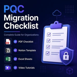 May include: A digital graphic titled PQC Migration Checklist Complete Guide for Organizations. It features a 3D blue clipboard with a checklist and a shield icon with a padlock. Icons for PDF, Notion, Excel, and video tutorials are listed.