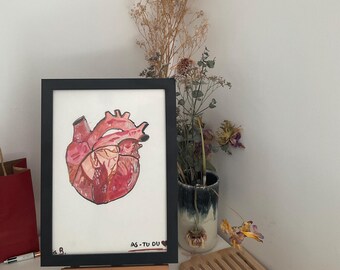 Peinture Aquarelle Originale Cœur Anatomique Encadrée 24x32 cm | Illustration Médicale Pop Art Unique "As-tu du cœur" | Cadeau Médecin