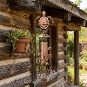 May include: A copper-toned wind chime featuring a large sea turtle at the top, multiple smaller turtle accents, and several cylindrical metal chimes hanging from a central structure, all suspended by a black cord from a metal hook.