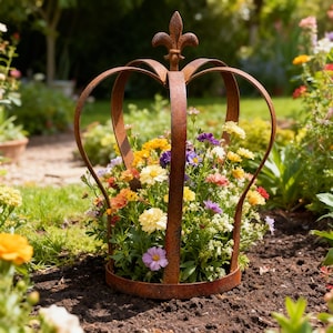 May include: A rust-colored metal garden planter shaped like a crown with a fleur-de-lis finial at the top. The structure features curved metal bands forming an open frame, filled with a variety of colorful blooming flowers including yellow, purple, and orange blossoms.