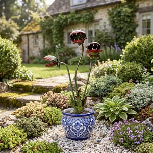 May include: A metal sculpture of three carnivorous plants with red and green open mouths and sharp white teeth, set in a round blue and white ceramic pot with an intricate floral pattern, displayed outdoors in a garden setting.