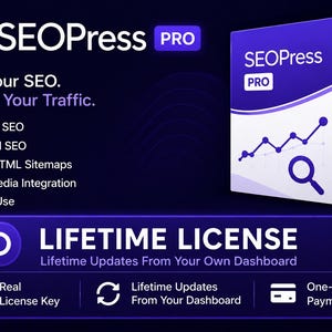 Puede incluir: Una caja de producto digital morada y blanca para el software SEOPress PRO. El gráfico muestra el texto Boost Your SEO, Increase Your Traffic, y enumera funciones como On-Page SEO, Technical SEO y XML Sitemaps. Incluye una insignia de licencia de por vida.