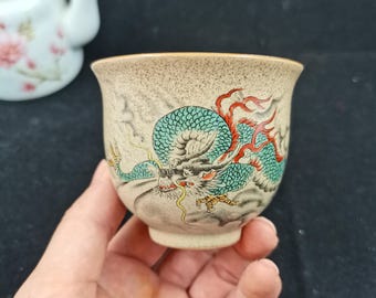 Hand Painted Chinese Dragon Teacup Speckled Matte Ceramic Tea Cup Zodiac Dragon Cloud Art Gift
