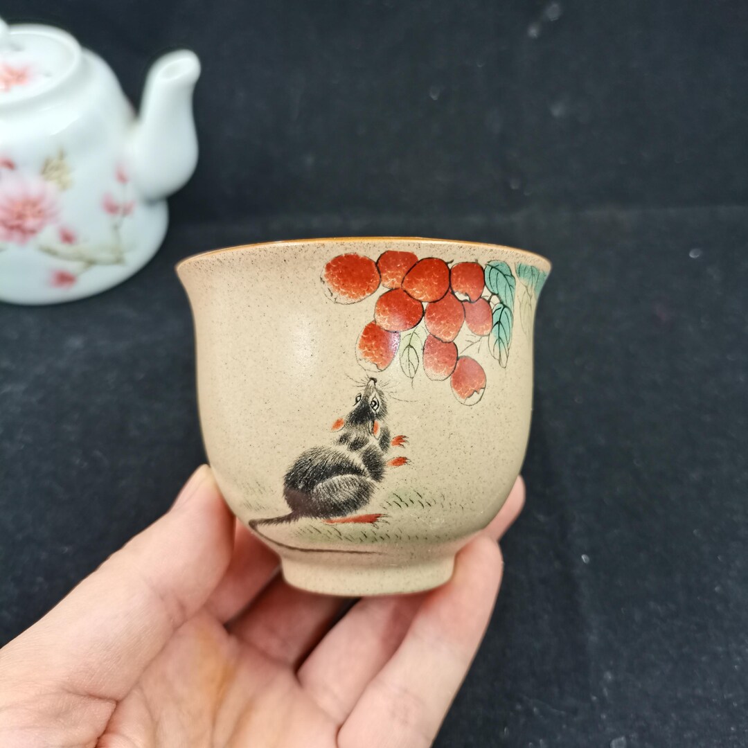 Hand Painted Zodiac Rat Teacup Speckled Matte Ceramic Tea Cup Mouse Lychee Art Gift