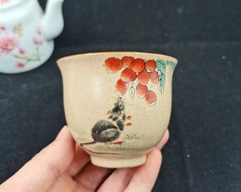 Hand Painted Zodiac Rat Teacup Speckled Matte Ceramic Tea Cup Mouse Lychee Art Gift