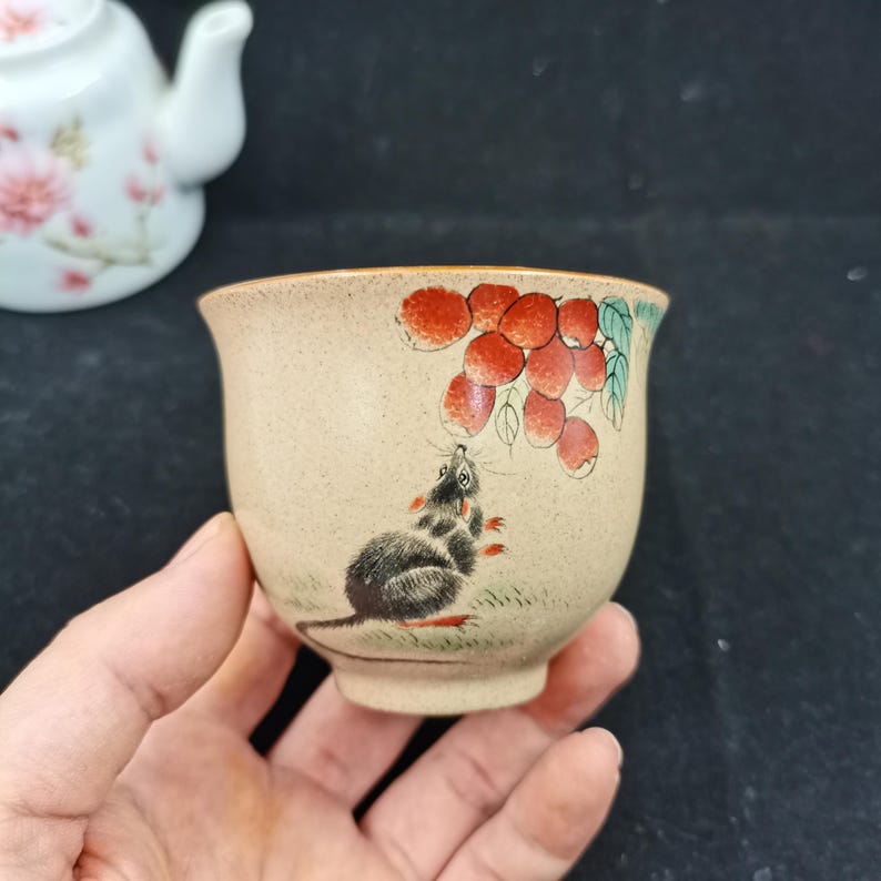Hand Painted Zodiac Rat Teacup Speckled Matte Ceramic Tea Cup Mouse Lychee Art Gift image 9