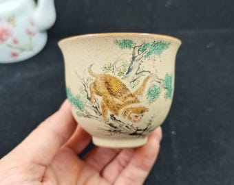 Hand Painted Zodiac Monkey Teacup Speckled Matte Ceramic Tea Cup Bamboo Landscape Art Gift