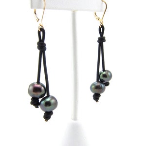 Tahitian grey pearl Leather Gold Earrings image 1