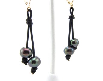 Tahitian grey pearl Leather Gold Earrings