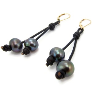 Tahitian grey pearl Leather Gold Earrings image 5