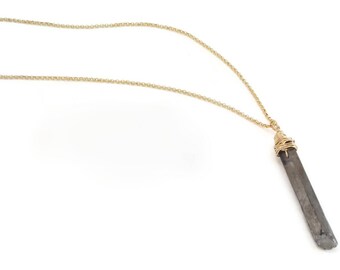 Raw Quartz Point Gemstone Pendant Necklace Gold Wire Wrapped