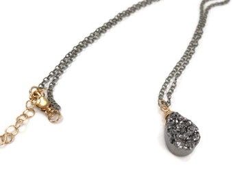 Druzy Necklace Dark Sterling Silver and Gold Fill Necklace