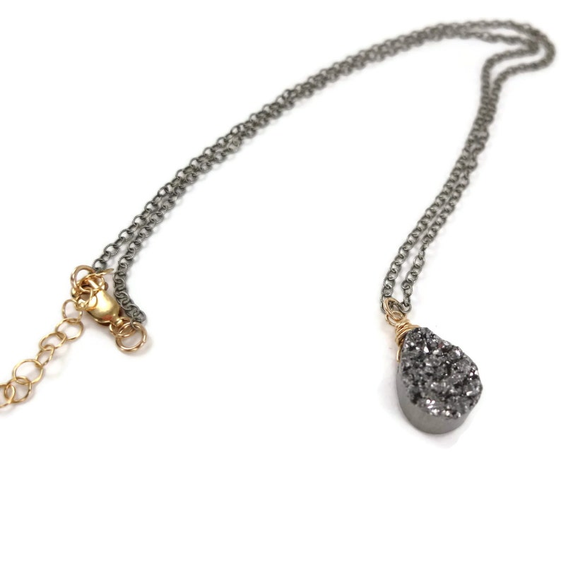 Druzy Necklace Dark Sterling Silver and Gold Fill Necklace image 1