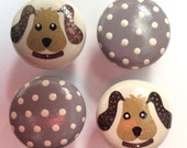 4 x Gorgeous Hand-painted Decoupage Polka Dot Puppy Dog Pine Drawer Knobs