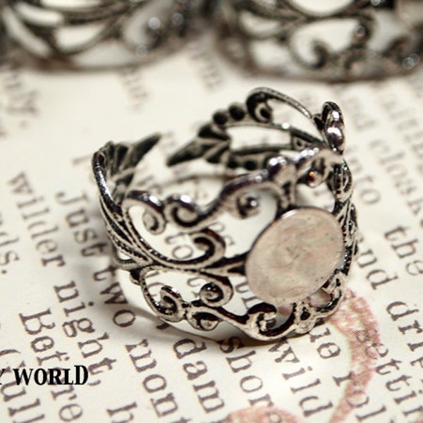 Antique Silver Ring Base - Silver Filigree Ring Base 5 pcs - Adjustable Antique Silver Ring