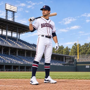 Puede incluir: Un uniforme de béisbol que consiste en una camiseta blanca con la palabra BASEBALL en letras oscuras, pantalones blancos con una raya oscura, una gorra oscura con una B roja, calcetines oscuros con rayas rojas y blancas, tacos blancos y un bate de madera sostenido sobre el hombro.