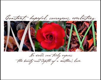 WORDS Inspired by Nature:  MOM Photographic Print- Red Rose (inspirational art, gift, home decor, flowers)