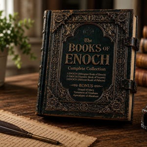 May include: A dark, ornate hardcover book titled The Books of Enoch Complete Collection, featuring intricate embossed gold-toned detailing on the cover, two metal clasps, and a dark green background, accompanied by a quill pen and an inkwell.