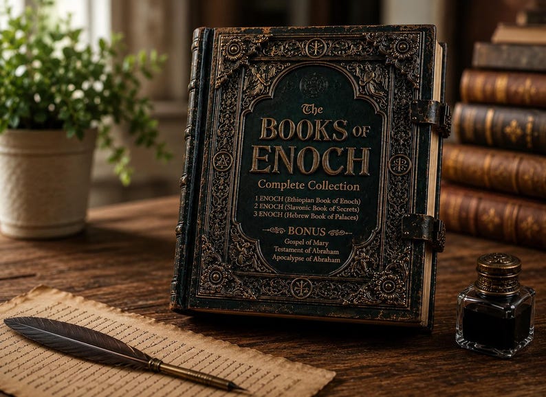 May include: A dark, ornate hardcover book titled The Books of Enoch Complete Collection, featuring intricate embossed gold-toned detailing on the cover, two metal clasps, and a dark green background, accompanied by a quill pen and an inkwell.