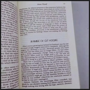 May include: An open book page with black printed text on white paper. The page header reads Know Thyself and page number 57. A section titled IN PRAISE OF GUT FEELING discusses a case study about a person named Elliot and his medical history.