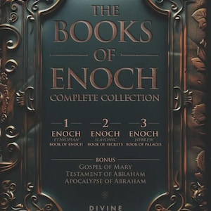 May include: A dark-colored book titled The Books of Enoch Complete Collection, featuring an ornate, embossed bronze-toned frame. The cover lists 1 Enoch Ethiopian Book of Enoch, 2 Enoch Slavonic Book of Secrets, 3 Enoch Hebrew Book of Palaces, and bonus texts.