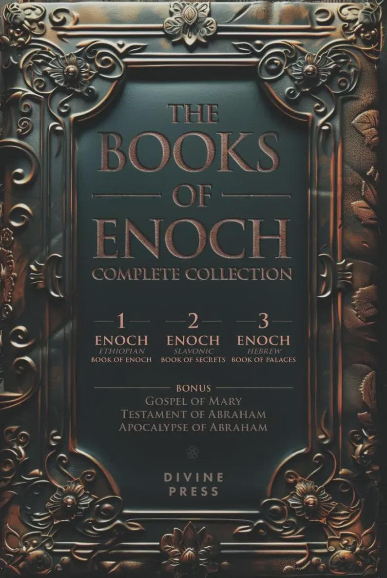 May include: A dark-colored book titled The Books of Enoch Complete Collection, featuring an ornate, embossed bronze-toned frame. The cover lists 1 Enoch Ethiopian Book of Enoch, 2 Enoch Slavonic Book of Secrets, 3 Enoch Hebrew Book of Palaces, and bonus texts.