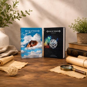 May include: Two hardcover books titled Book of Wisdom, Volume One and Volume Two, compiled by Stephen Skinner. The first book features a blue sky with clouds and an eye, while the second displays a silver pentagram on a dark, starry background.