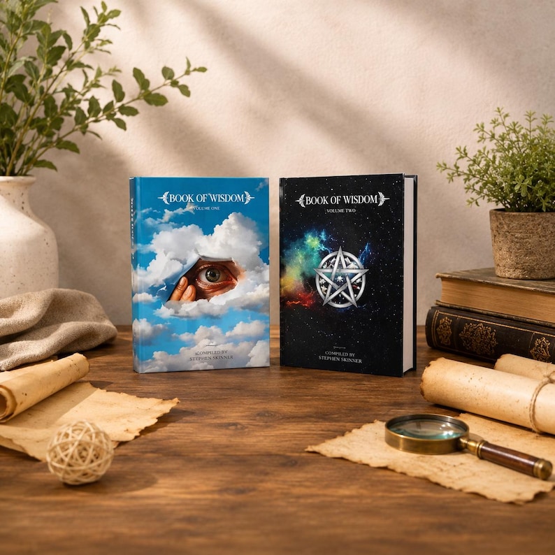 May include: Two hardcover books titled Book of Wisdom, Volume One and Volume Two, compiled by Stephen Skinner. The first book features a blue sky with clouds and an eye, while the second displays a silver pentagram on a dark, starry background.