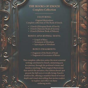 May include: A book titled The Books of Enoch Complete Collection featuring a dark, ornate, metallic-toned frame border. The back cover lists contents including 1 Enoch, 2 Enoch, 3 Enoch, bonus apocryphal texts, and fragments, with a visible ISBN barcode.