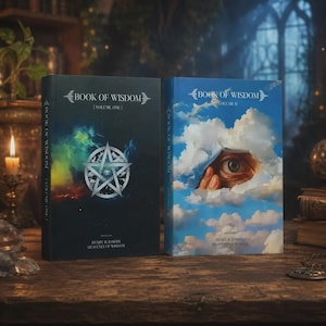 May include: Two hardcover books titled Book of Wisdom Volume One and Volume Two. Volume One features a dark nebula background with a silver pentagram. Volume Two displays a blue sky with clouds and a human eye peering through the cloud cover.