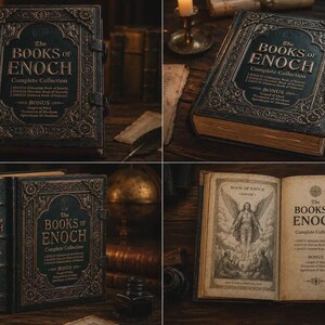 May include: A hardcover book titled The Books of Enoch Complete Collection with an ornate, dark, embossed cover featuring intricate patterns. The interior pages display vintage-style paper with a black and white illustration of an angel.