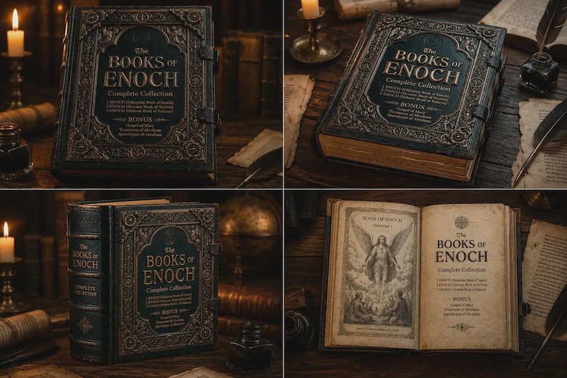 May include: A hardcover book titled The Books of Enoch Complete Collection with an ornate, dark, embossed cover featuring intricate patterns. The interior pages display vintage-style paper with a black and white illustration of an angel.