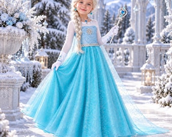 Ice Snow Queen Costume for Girls, Blue Princess Dress with Wig & Cape, Halloween Cosplay Birthday Party Outfit, Kids Fancy Dress 4-12Y